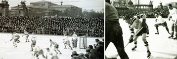Egy másik világhírű kanadai jégkorong együttes, a  Kimberley Dynamiters vendégjátéka a műjégpályán 1937-ben, zsúfolt nézőtér előtt (Fortepan / Császy Alice, 1937)