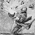 A New York World című amerikai lap karikatúrája, amelyben Arthur Zimmermann kezében bombaként robban fel a távirat (kép forrása: Wikimedia Commons)