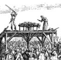 A kerékbetörés alternatív gyakorlata egy 1633-ból való illusztráción: az áldozatot eleve a kerékhez kötözik, és bottal vagy vasrúddal törik el csontjait, ahogyan a leírás szerint Christman Genipperteingával is tették (kép forrása: Wikimedia Commons)