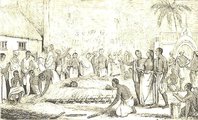 A szati egy 19. századi ábrázoláson – az özvegy ráfekszik a máglyára halott férje mellé (kép forrása: Wikimedia Commons)