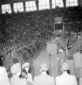Rákosi Mátyás a Magyar Dolgozók Pártja főtitkára beszél, a nagy-budapesti pártaktíva ülésen a Sportcsarnokban, melyen a Rajk-per tanulságait összegezte (1949. szeptember 30.)