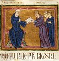 Szent Benedek átadja reguláját Szent Mórnak és más tanítványainak egy 12. századi francia illusztráción (kép forrása: Wikimedia Commons)