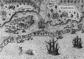Theodor De Bry: Az angolok megérkezése Virginiába (1590). A metszet alapjául egy John White által készített rajz szolgált. (kép forrása: Wikimedia Commons)