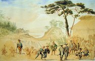 A sógun csapatai a Fudzsi-hegy közelében, 1867. Brunet saját festménye (kép forrása: Wikimedia Commons)