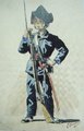 A sógun katonája 1867-ben, egy Brunet által készített festményén. Megfigyelhető a nyugati és japán, illetve különböző korokból származó felszerelés és ruházat keveredése (kép forrása: Wikimedia Commons)