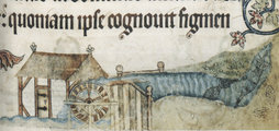 Angolnacsapdákkal felszerelt malom ábrázolása egy 14. századi zsoltároskönyvből