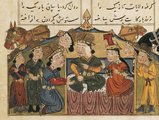 Dzsingisz kán trónján ül feleségével egy 15. századi perzsa miniatúrán