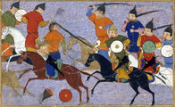 Mongol és kínai lovasok harca egy perzsa krónikaillusztráción (kép forrása: Wikimedia Commons)