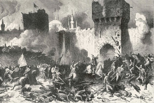 Az oszmán csapatok végső rohama Konstantinápoly falai ellen 1453-ban, egy 19. századi illusztráción