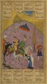 Szandzsár ibn Malik Sah (k, zöldben), Kelet-Perzsia uralkodója azután kötött békét az asszaszinokkal, hogy ágya mellett egy tőrt talált a földbe szúrva.