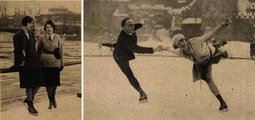 Schanzer Mária és Kohner Kató bárónő, a korabeli divat szerint korcsolyázáshoz öltözve (balra), a jobboldali képen pedig a sokszoros magyar bajnok Szalay Sándor és Orgonista Olga gyakorol a Városligeti Műjégpályán, 1929-ben (4)