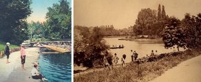Mezítlábas gyerekek a Városligeti tónál 1900 körül, régi képes levelezőlapon megörökítve (balra), jobbra pedig a tó partján lődörgő, nézelődő kamaszfiúk 1880 körül készült felvételen (7)