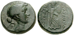 Fulvia mint Athéné istennő egy ókori érmén a tiszteletére Fulviára átnevezett Euméneia görög poliszból (kép forrása: Wikimedia Commons / CNG Coins / CC BY-SA 3.0)
