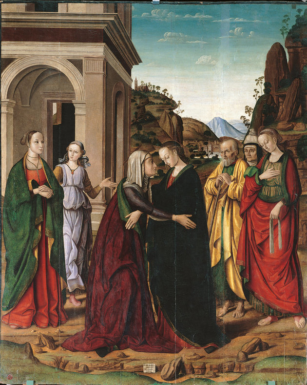 A vizitáció, azaz a Jézussal terhes Szűz Mária (j) látogatása a Keresztelő Jánost váró Erzsébetnél (b) Giovanni Santi 15. századi festményén
