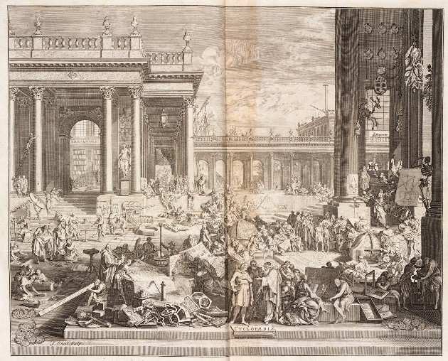 A tudományok és művészetek párbeszéde – allegorikus ábrázolás Ephraim Chambers 1738-ban kiadott Cyclopaediájában. A 18. században a tudományokat és a művészeteket még egymástól elválaszthatatlannak tekintették.