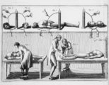 Giovanni Aldini emberi holttesttel végzett kísérleteinek korabeli ábrázolása