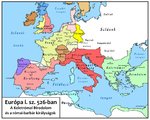A barbár királyságok térképe 526-ból, hét évvel azelőtt, hogy Justinianus megkísérelte volna visszafoglalni a területüket.