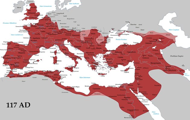 A birodalom legnagyobb kiterjedése idején 117-ben, Traianus uralkodása alatt  (forrás: wikipédia / Tataryn /  CC BY-SA 3.0)