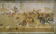 A teljes mozaik, amely a Kr. e. 1. században készült. Az eredetileg a pompeji Faun-házban található alkotás Nagy Sándor legrégebbi fennmaradt ábrázolása.