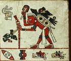 Részlet az ún. Fejérváry-Mayer kódex nevű prehispán azték kézirat egy paneljéből, amely egy kezében legyezőt tartó, kézál madarakat szállító azték kereskedőt ábrázol
