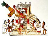 Azték pap Huitzilopochtli hadistennek ajánlja fel egy feláldozott ember szívét