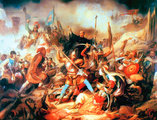 A nándorfehérvári csata egy ismeretlen, 19. századi festő munkáján. A kép közepén kereszttel a kezében Kapisztrán János.
