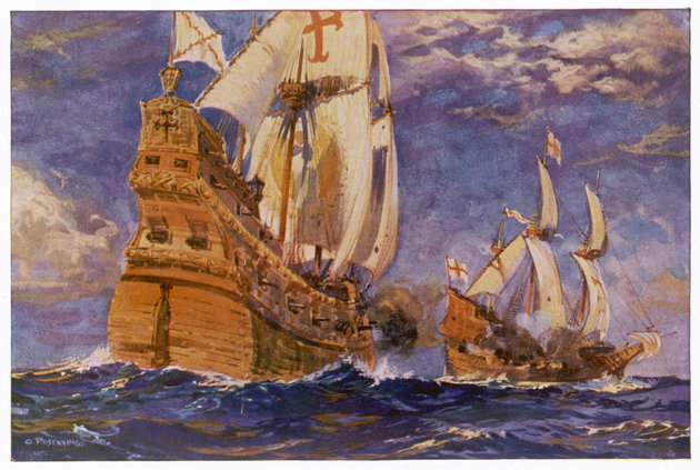 Drake a Golden Hinddal egy spanyol hajóra támad világ körüli útja során