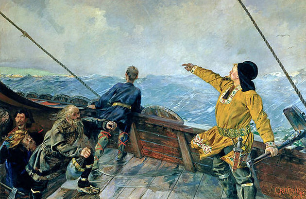 Leifr Eiríksson felfedezi Amerikát Christian Krohg 19. századi festményén