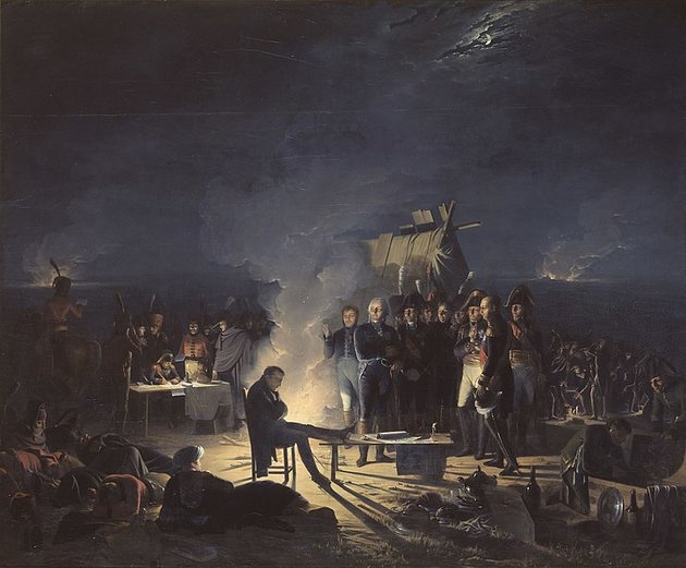 Napóleon tanácsot ül vezérkarával Wagramnál, 1809. július 5-én éjjel
