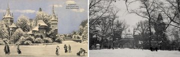 Balra egy különleges képeslap a 20. század elejéről: az előtérben látható alakok nem a megszokott helyen, a jégpályán korcsolyáznak, hanem a befagyott Városligeti tó vár mögötti részén. Így működött, a művészi szabadság jegyében, a korabeli photoshoppolás. A jobboldali felvétel 1937 havas telén készült.