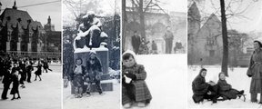 Vidáman táncoló párok a műjégpályán 1938-ban (balra), a többi képen pedig amatőr felvételek a tél örömeit szüleikkel élvező, szánkózó, hógolyózó gyerekekről az 1930-as évektől az 1950-es évekig.