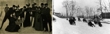 Vidám jelenet a jégpályáról, 1896-ból (balra), a jobboldali képen pedig az állatkerti ródlipályán élvezettel lesikló hölgyek és urak az 1910-es években.