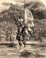 Vasco Núñez de Balboa birtokba veszi a „déli tengereket, földeket, partokat és szigeteket” a spanyol uralkodópár, Ferdinánd és Izabella nevében egy 1860 körül készült metszeten