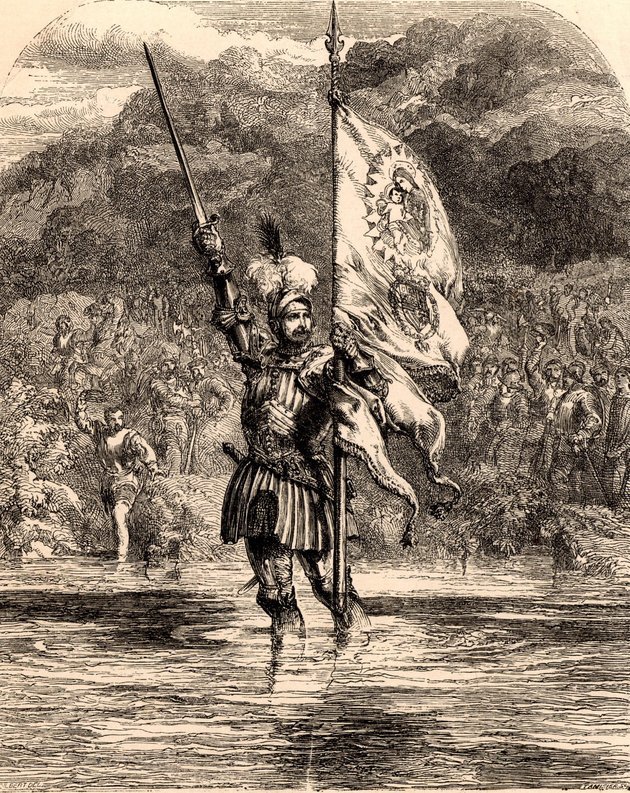 Vasco Núñez de Balboa birtokba veszi a „déli tengereket, földeket, partokat és szigeteket” a spanyol uralkodópár, Ferdinánd és Izabella nevében egy 1860 körül készült metszeten