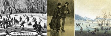 Az első városligeti korcsolyázókat megörökítő, két szélső képen még csak férfiakat látunk korcsolyával a lábukon, akik szánkótalppal felszerelt székeken üldögélő hölgyeket tolnak maguk előtt. A középső, már egyenrangúan korcsolyázó párt ábrázoló kép 1884-ben jelent meg a Vasárnapi Újságban