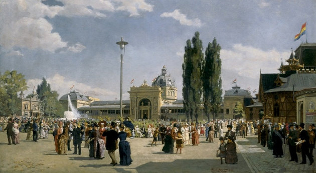 Nádler Róbert (1858–1938) a főváros felkérésére festette meg az 1885. évi országos kiállítás korzóját. A képen a szökőkúttól balra látható az új zenepavilon